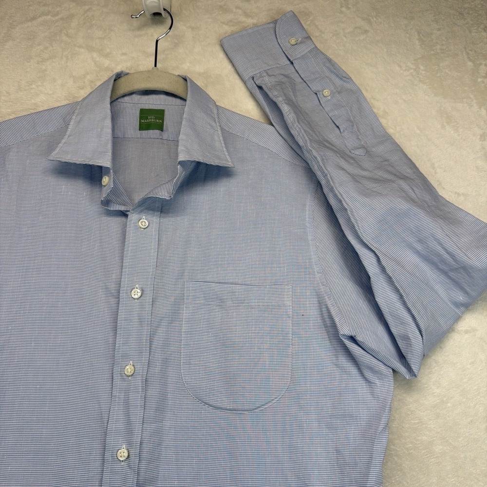 Sid Mashburn Mens Linen Blend Shirt Medium Blue White Stripe Long Sleeve